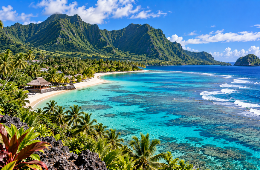 Samoan tropical coastline with turquoise reef waters, palm-lined beaches, lush volcanic mountains, and traditional island buildings.