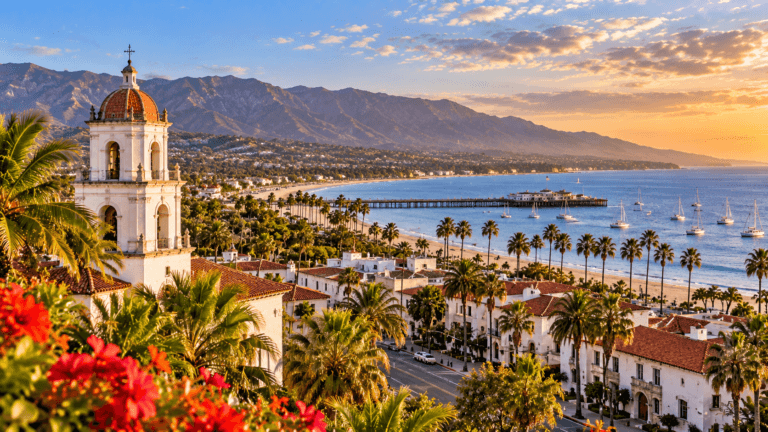 Santa Barbara coastline with Spanish-style architecture, palm-lined beaches, Stearns Wharf and mountains in warm evening light.