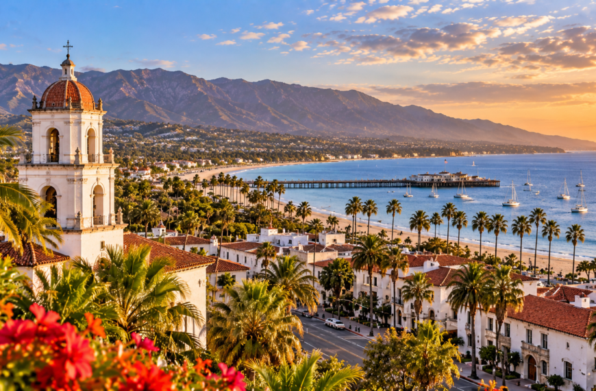 Santa Barbara coastline with Spanish-style architecture, palm-lined beaches, Stearns Wharf and mountains in warm evening light.