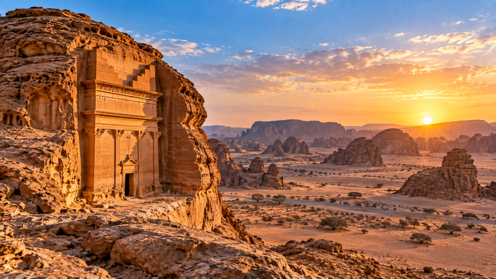 Ancient rock-cut architecture surrounded by sandstone formations and sweeping desert landscape in AlUla, Saudi Arabia.