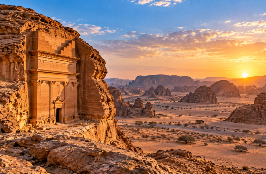 Ancient rock-cut architecture surrounded by sandstone formations and sweeping desert landscape in AlUla, Saudi Arabia.