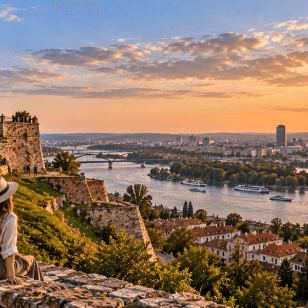Traveler overlooks Belgrade Fortress and the Danube River as warm sunset light spreads across Serbia's capital.