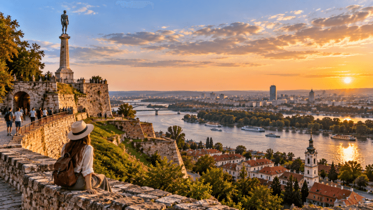Traveler overlooks Belgrade Fortress and the Danube River as warm sunset light spreads across Serbia's capital.