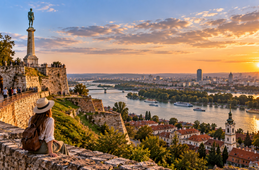 Traveler overlooks Belgrade Fortress and the Danube River as warm sunset light spreads across Serbia's capital.