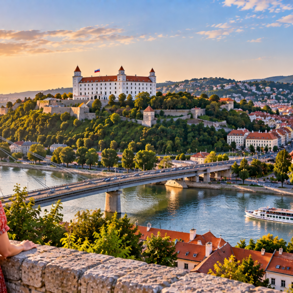 Panoramic view of Bratislava Castle, the Danube River, SNP Bridge and historic city rooftops in Slovakia at sunset.
