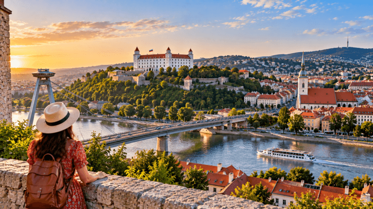 Panoramic view of Bratislava Castle, the Danube River, SNP Bridge and historic city rooftops in Slovakia at sunset.
