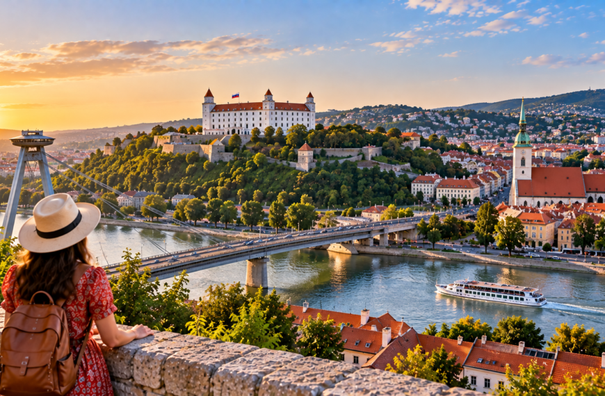 Panoramic view of Bratislava Castle, the Danube River, SNP Bridge and historic city rooftops in Slovakia at sunset.