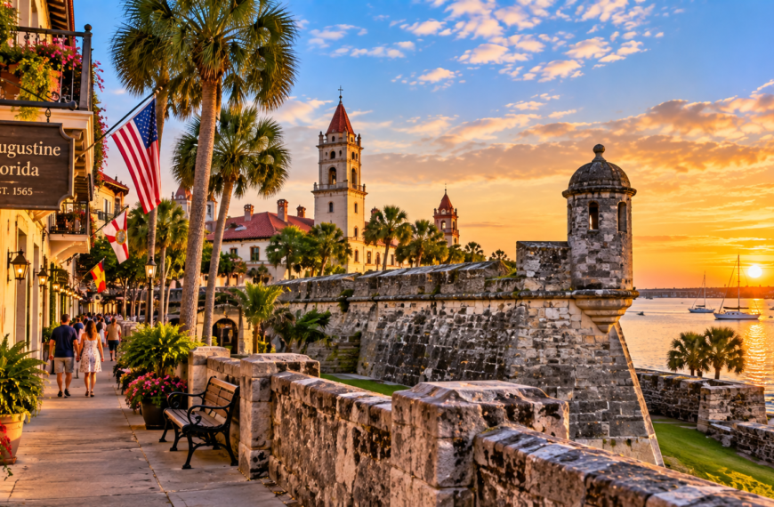Historic St. Augustine waterfront at sunset with Spanish-style architecture, palm trees, stone fortifications, and Matanzas Bay.