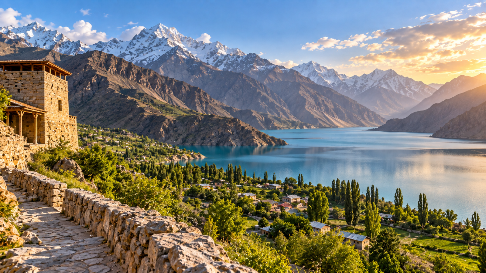 Turquoise mountain lake surrounded by rugged valleys, green villages and snow-covered peaks in Tajikistan.