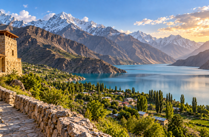 Turquoise mountain lake surrounded by rugged valleys, green villages and snow-covered peaks in Tajikistan.