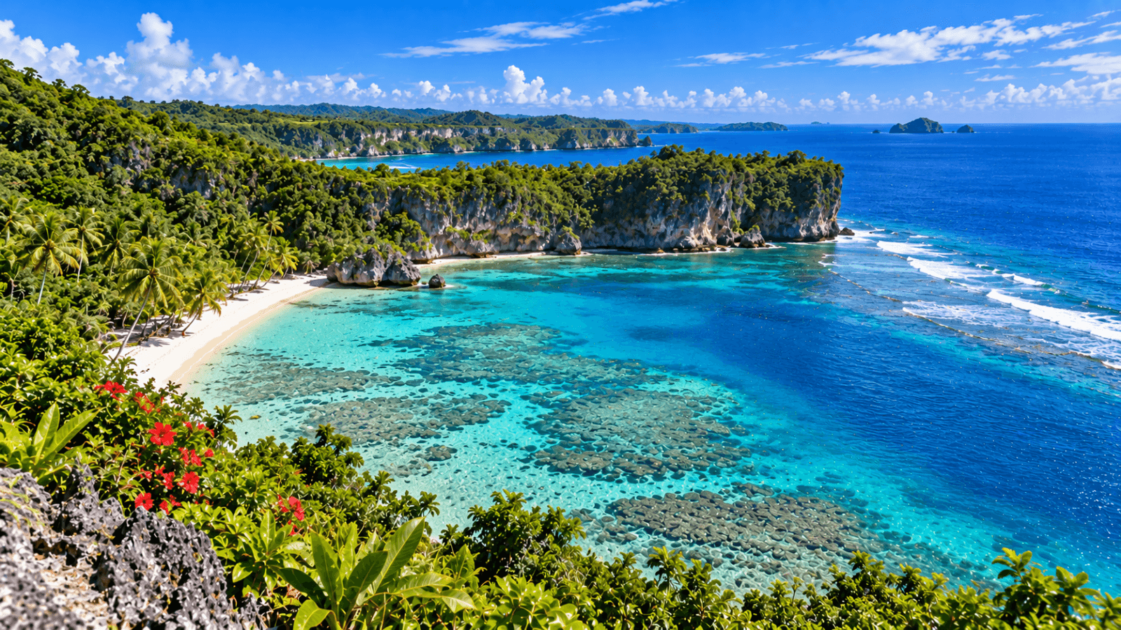 Tropical coastline in Tonga with turquoise reef waters, palm-lined white sand, limestone cliffs, and deep blue Pacific Ocean.