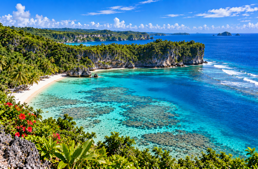 Tropical coastline in Tonga with turquoise reef waters, palm-lined white sand, limestone cliffs, and deep blue Pacific Ocean.