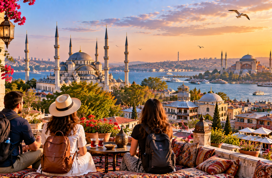 Travelers overlooking Istanbul’s historic mosques, domes and busy Bosphorus waterfront during warm evening light.