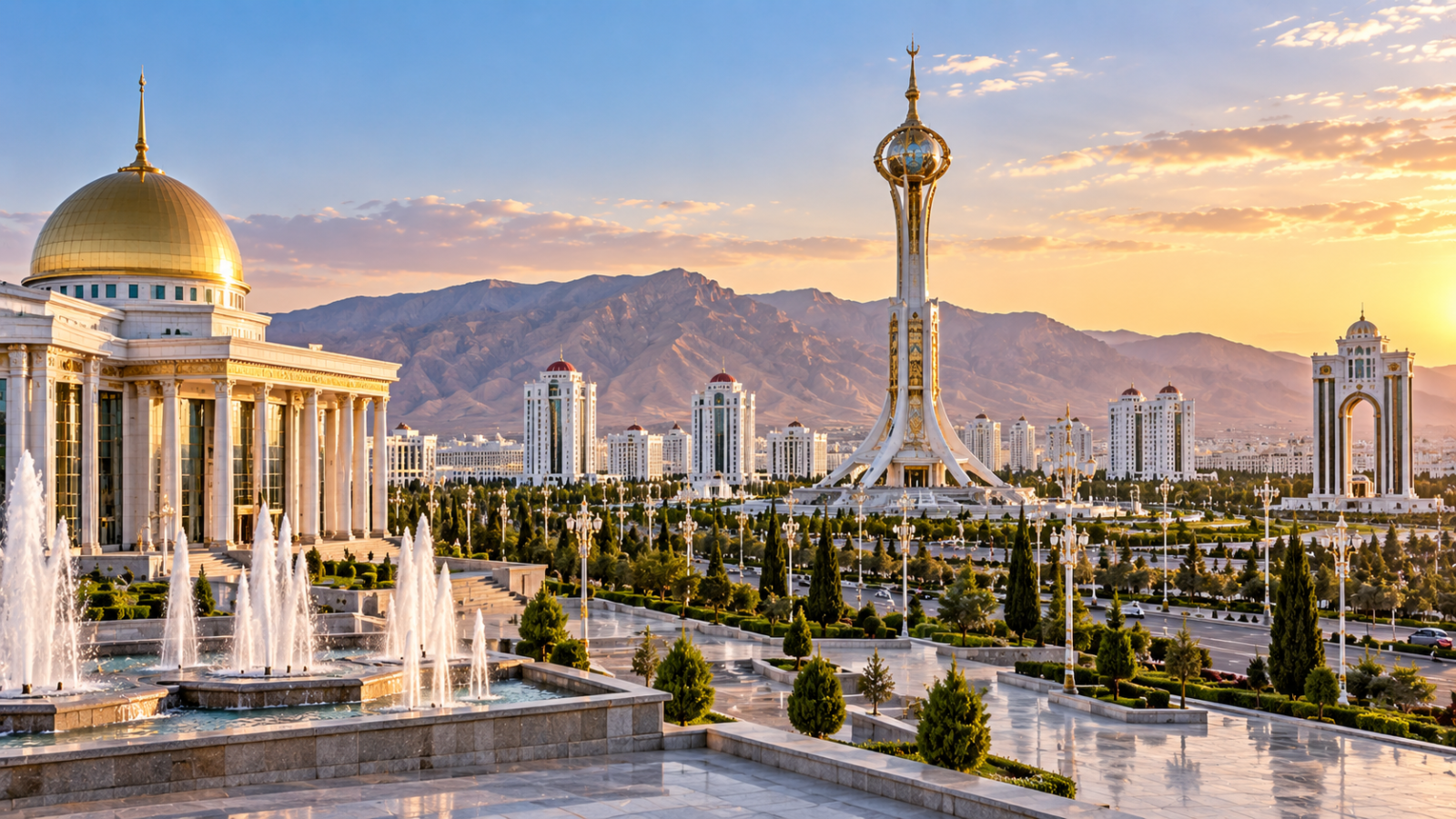 White marble architecture, landscaped avenues and monumental towers of Ashgabat with mountains rising behind the city.
