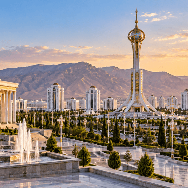 White marble architecture, landscaped avenues and monumental towers of Ashgabat with mountains rising behind the city.