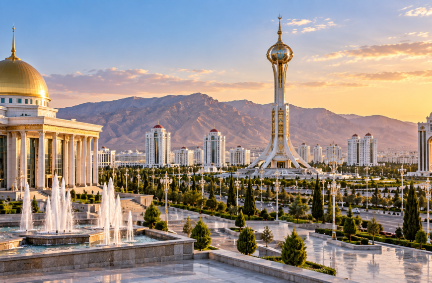 White marble architecture, landscaped avenues and monumental towers of Ashgabat with mountains rising behind the city.