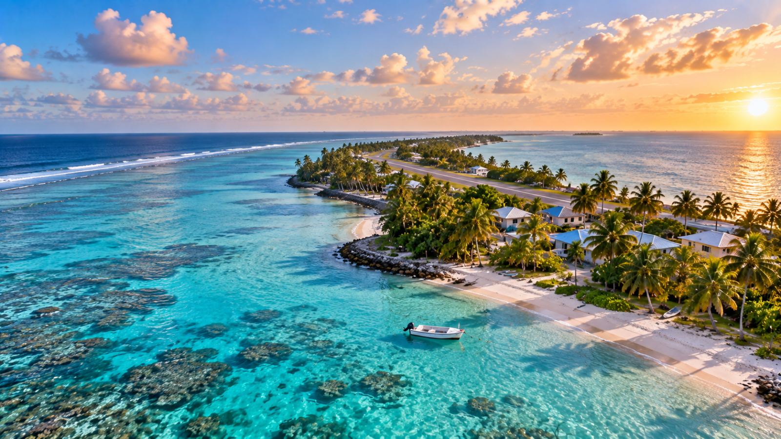 Aerial view of a narrow Tuvalu atoll with turquoise lagoon water, coral reefs, palm trees, homes and a tropical shoreline.