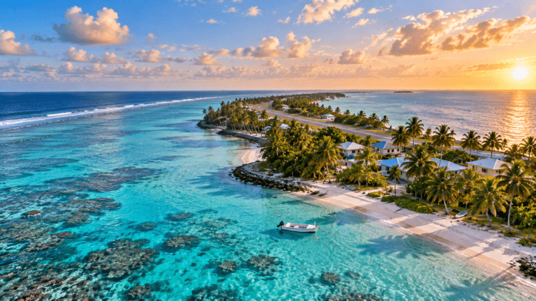 Aerial view of a narrow Tuvalu atoll with turquoise lagoon water, coral reefs, palm trees, homes and a tropical shoreline.