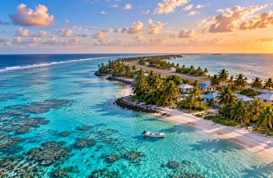 Aerial view of a narrow Tuvalu atoll with turquoise lagoon water, coral reefs, palm trees, homes and a tropical shoreline.