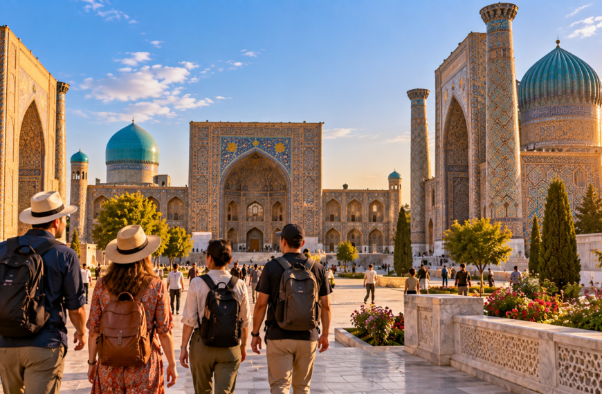Travelers exploring ornate blue-tiled madrasahs and monumental Islamic architecture in historic Samarkand, Uzbekistan.