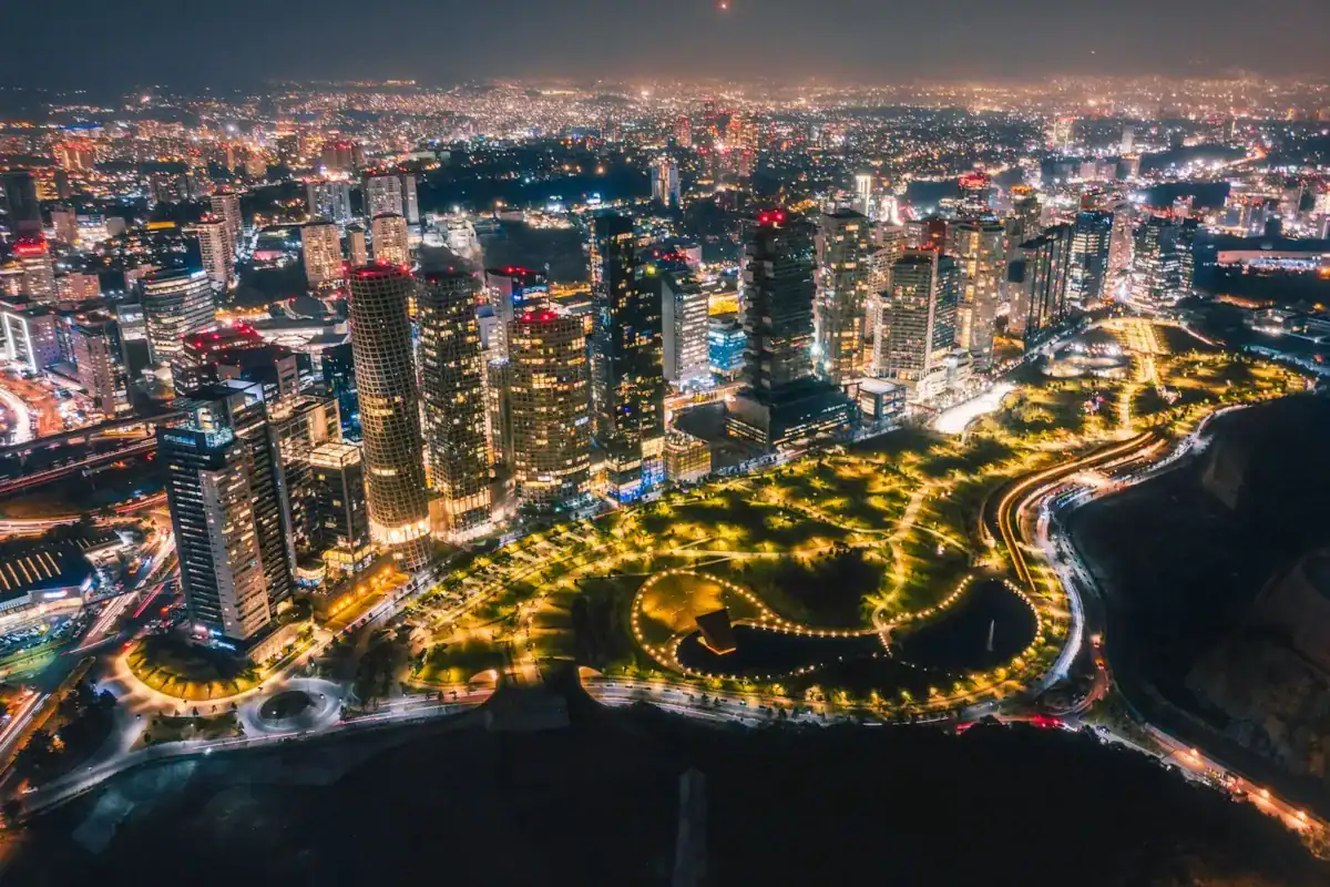 Mexico City aerial view of city buildings during night time