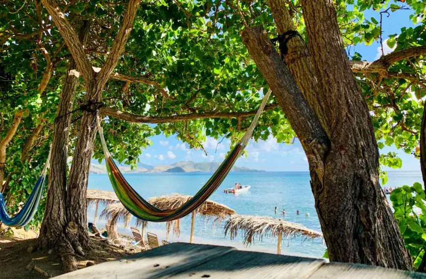 St Kitts and Nevis travel guide a hammock hanging between two trees on a beach
