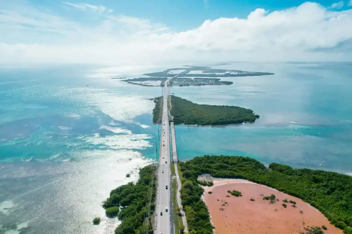 Florida Keys An aerial view of a highway near the ocean
