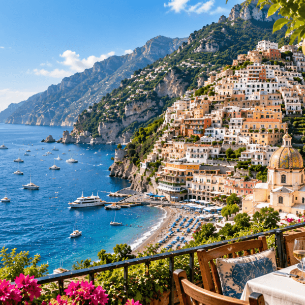 Positano on Italy’s Amalfi Coast with colorful cliffside buildings, blue Mediterranean Sea, boats, beach, and a scenic dining terrace.