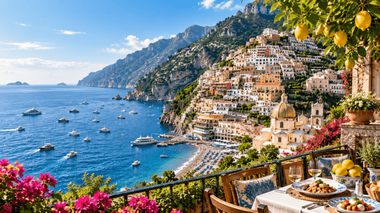 Positano on Italy’s Amalfi Coast with colorful cliffside buildings, blue Mediterranean Sea, boats, beach, and a scenic dining terrace.