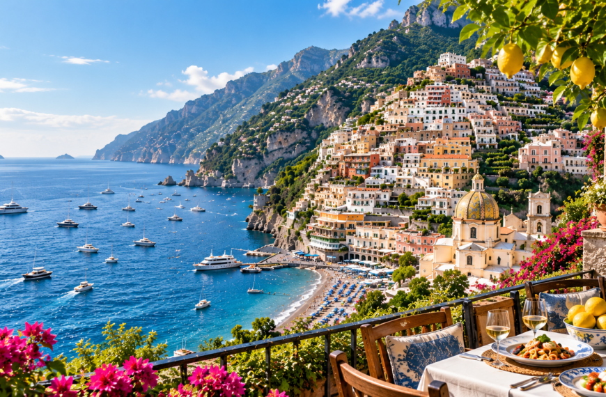 Positano on Italy’s Amalfi Coast with colorful cliffside buildings, blue Mediterranean Sea, boats, beach, and a scenic dining terrace.