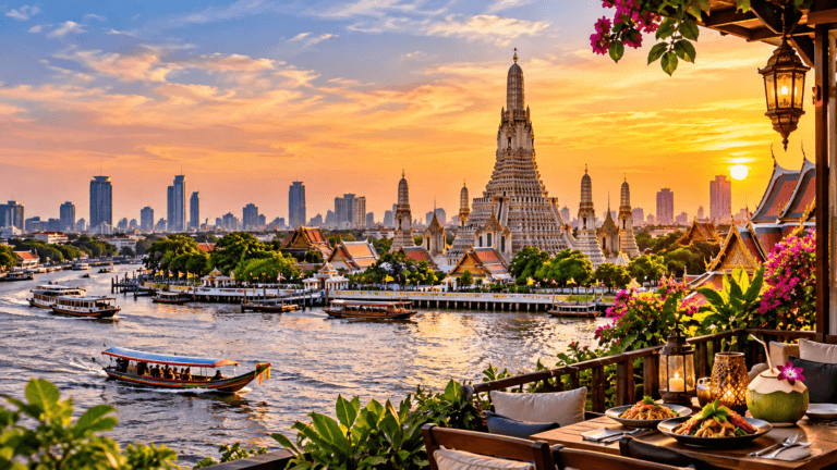 Wat Arun beside Bangkok’s Chao Phraya River at sunset with passenger boats, city skyline, and a riverside dining terrace.