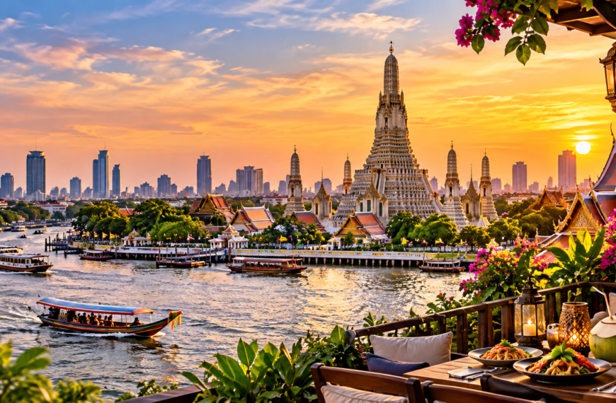 Wat Arun beside Bangkok’s Chao Phraya River at sunset with passenger boats, city skyline, and a riverside dining terrace.