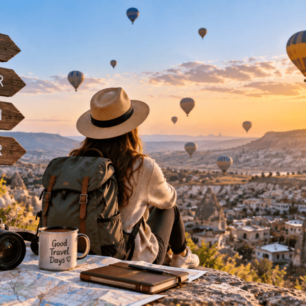 Traveler overlooking a scenic landscape at golden hour with seasonal signs representing spring, summer, autumn, and winter.