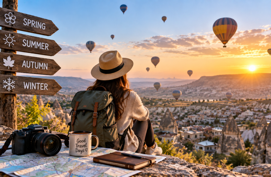 Traveler overlooking a scenic landscape at golden hour with seasonal signs representing spring, summer, autumn, and winter.