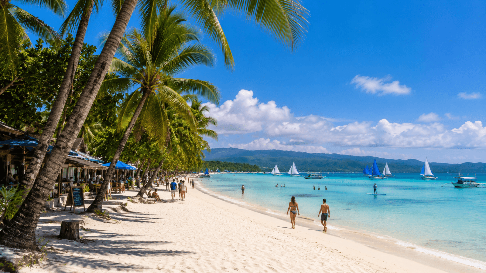 Boracay Travel Guide Tropical beach with sailboats and palms