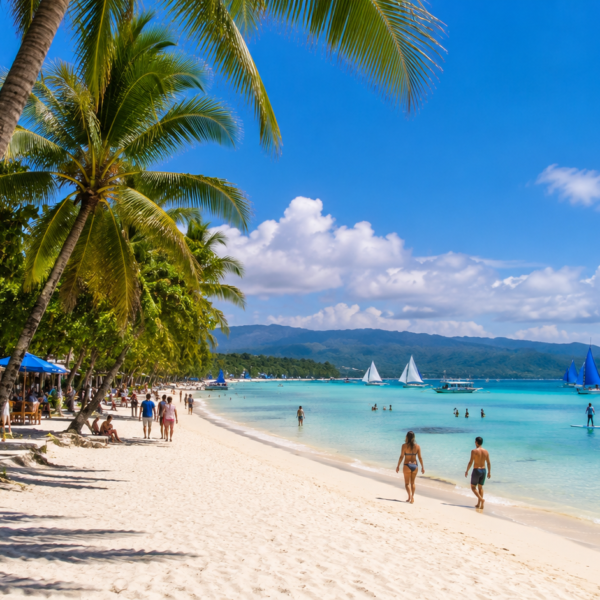 Boracay Travel Guide Tropical beach with sailboats and palms