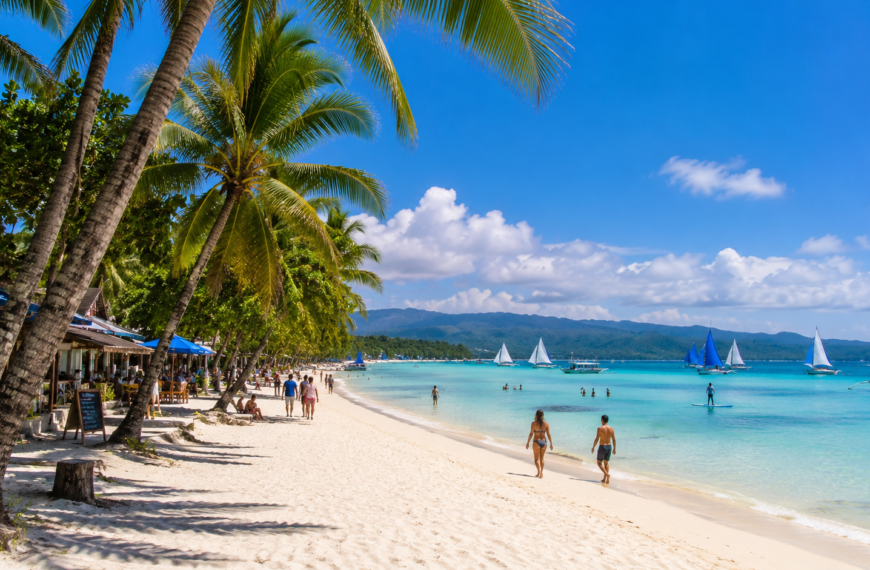 Boracay Travel Guide Tropical beach with sailboats and palms