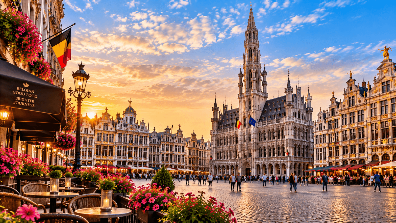 Brussels Grand Place at sunset with ornate guild houses, historic Town Hall, Belgian flags, outdoor cafés, and visitors in the square.