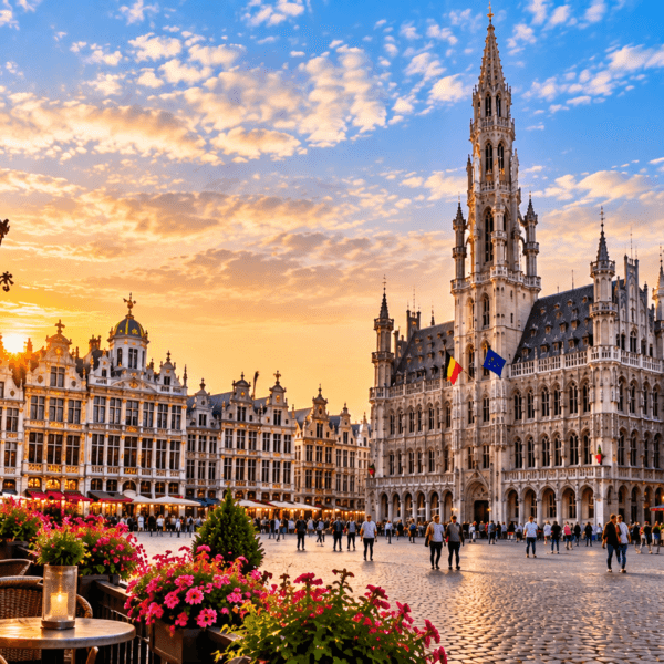 Brussels Grand Place at sunset with ornate guild houses, historic Town Hall, Belgian flags, outdoor cafés, and visitors in the square.
