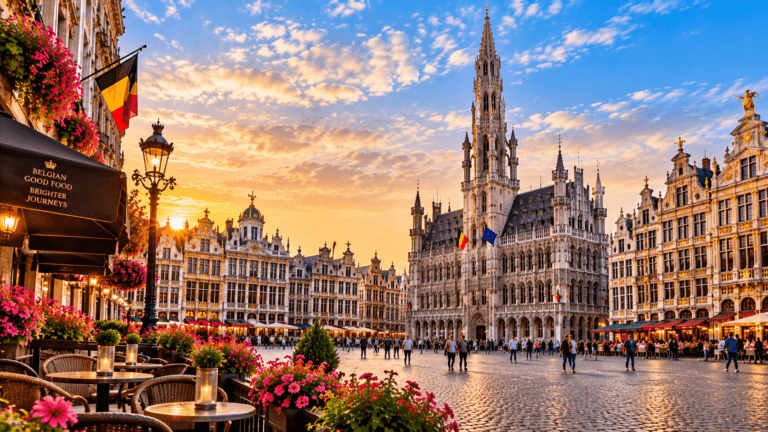 Brussels Grand Place at sunset with ornate guild houses, historic Town Hall, Belgian flags, outdoor cafés, and visitors in the square.