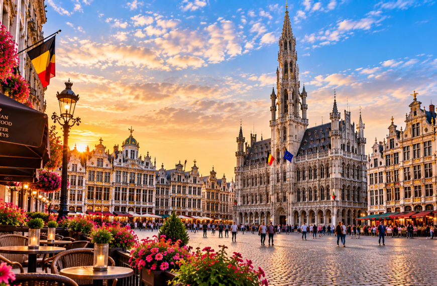 Brussels Grand Place at sunset with ornate guild houses, historic Town Hall, Belgian flags, outdoor cafés, and visitors in the square.
