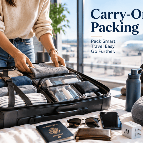 Open carry-on suitcase neatly packed with clothing, toiletries, travel accessories, passport, neck pillow, and other essentials.