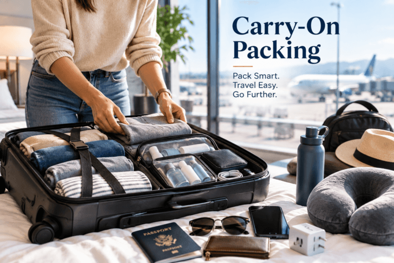 Open carry-on suitcase neatly packed with clothing, toiletries, travel accessories, passport, neck pillow, and other essentials.