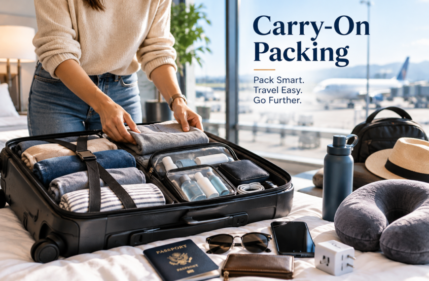 Open carry-on suitcase neatly packed with clothing, toiletries, travel accessories, passport, neck pillow, and other essentials.
