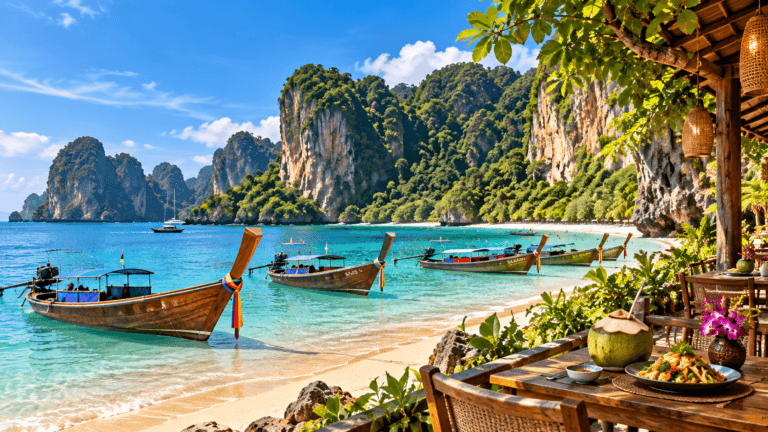 Railay Beach in Krabi with turquoise Andaman Sea, traditional long-tail boats, sandy shore, and towering limestone cliffs.