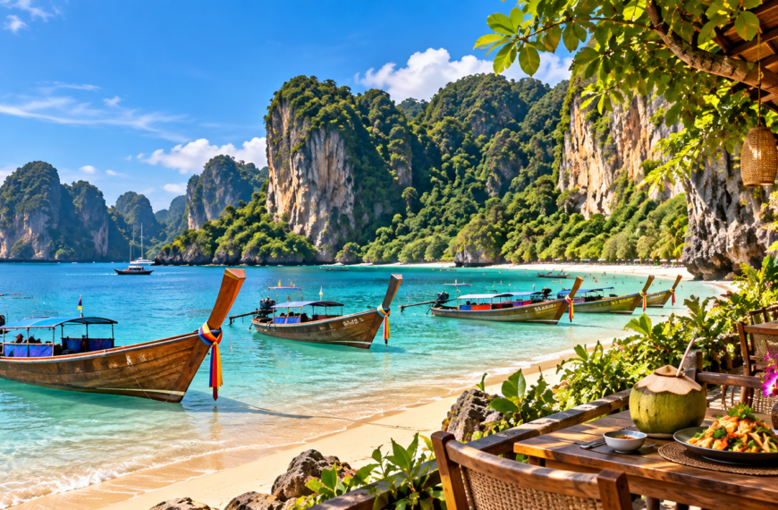 Railay Beach in Krabi with turquoise Andaman Sea, traditional long-tail boats, sandy shore, and towering limestone cliffs.