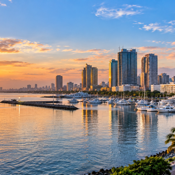 Manila Bay at sunset with waterfront high-rises, marina boats, palm trees and calm water reflecting the evening sky.