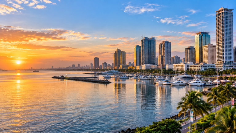 Manila Bay at sunset with waterfront high-rises, marina boats, palm trees and calm water reflecting the evening sky.