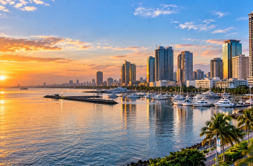 Manila Bay at sunset with waterfront high-rises, marina boats, palm trees and calm water reflecting the evening sky.