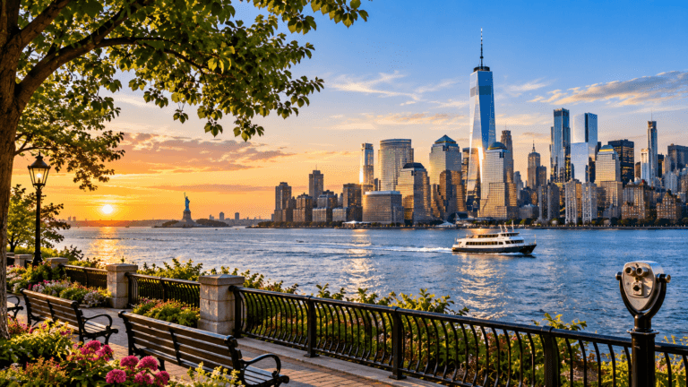New Jersey waterfront overlooking the Hudson River and Lower Manhattan skyline at sunset with a ferry and Statue of Liberty in the distance.